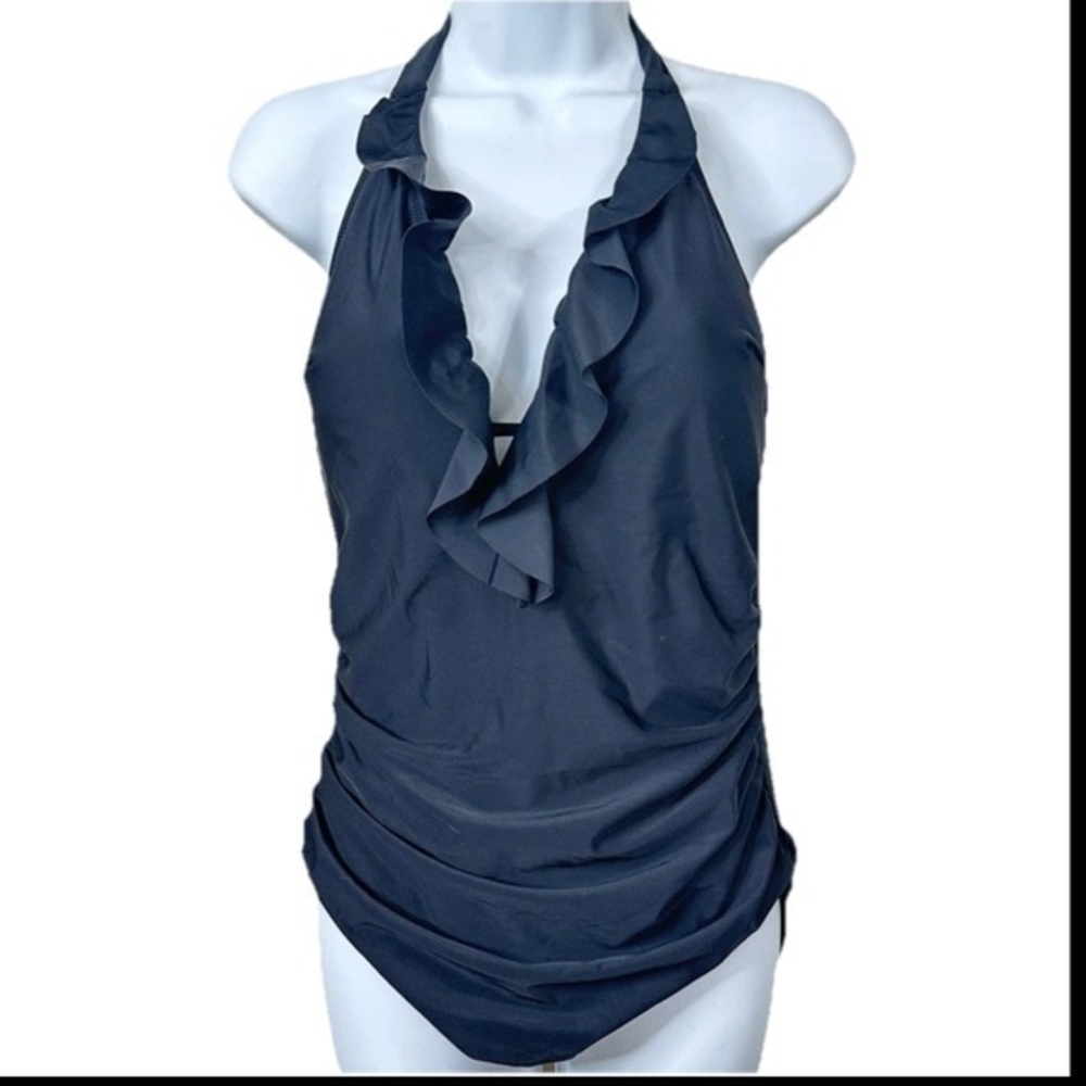Black Ruffle Plunge Neckline Fullpiece Swimsuit - Large - NEW
